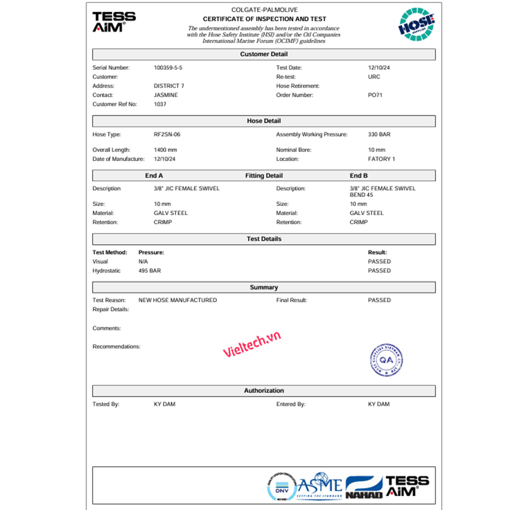 Kiểm định ống dầu thủy lực HOSE SUPPLIES